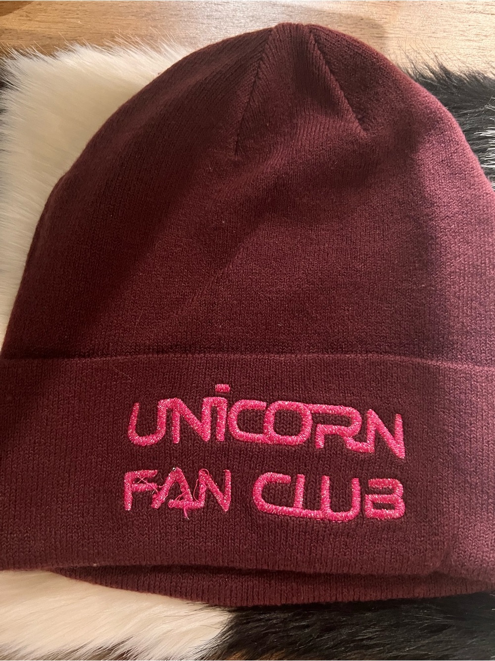 H&M women Beanie - Burgundy with Pink Embroidery